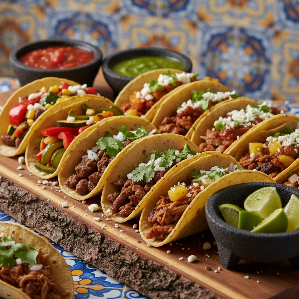 A close-up of a rustic wooden serving board overflowing with an assortment of tacos, each on soft, slightly charred corn tortillas. There are vibrant fillings like seasoned carne asada with chopped cilantro and onions, slow-cooked pork with pineapple, and grilled vegetables with colorful bell peppers. Beside the tacos sit small stone bowls of bright red salsa, tangy green tomatillo sauce, and lime wedges, plus a sprinkle of crumbled queso fresco. Warm, directional studio lighting from the side highlights the textures of the meat, fresh herbs, and tortillas, casting gentle shadows. Shot at an eye-level angle with a shallow depth of field, the background softly fades into a playful blur of colorful Mexican tiles, creating a lively, appetizing, and photographic scene.