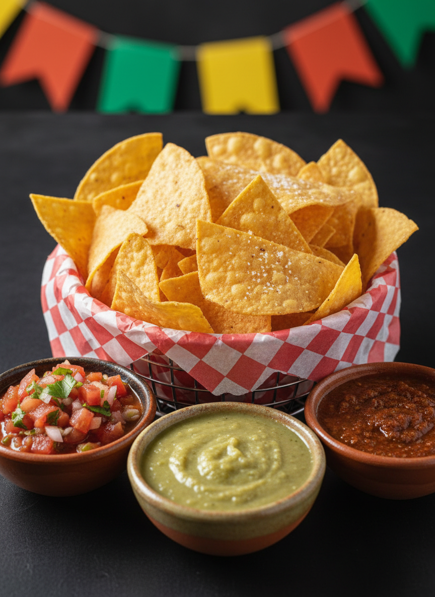 A heaping basket of homemade tortilla chips, each chip thick, golden, and slightly bubbled with a dusting of sea salt, spilling out of a small wire basket lined with red-and-white checkered paper. Next to it, three small ceramic bowls hold chunky tomato salsa, smooth salsa verde, and a smoky roasted salsa, their surfaces glistening. Everything rests on a matte black tabletop that contrasts with the vivid colors. Soft overhead lighting combined with subtle side lighting creates crisp highlights on the chips’ edges and gentle, inviting shadows. Captured from a slightly elevated angle with sharp focus on the chips and a bokeh background of blurred colorful banners, the photographic image feels playful, bold, and irresistibly snackable.