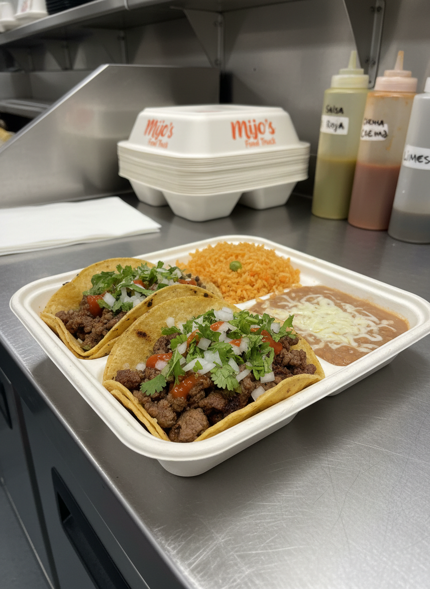 A tightly framed view of a tri-compartment tray from Mijo’s Food Truck, featuring two generously filled tacos, a scoop of Mexican rice, and a portion of refried beans topped with melted cheese. The tacos burst with seasoned meat, fresh cilantro, diced onions, and a splash of salsa, all nestled in slightly charred tortillas. The tray rests on a stainless-steel counter inside a clean, modern food trailer interior, with neatly stacked biodegradable containers and labeled squeeze bottles softly blurred in the background. Bright but diffused overhead service lighting creates a clean, appetizing shine on the food without harsh glare. Photographic realism from a slightly elevated front angle, emphasizing abundance, warmth, and the playful yet professional vibe of a family-run taco trailer.