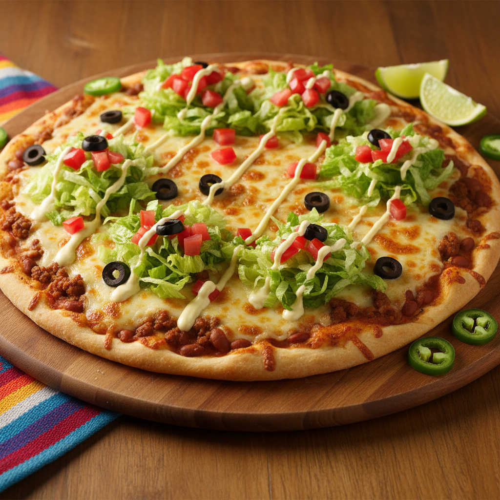 A playful taco pizza straight from the oven, displayed on a round wooden pizza board. The golden, slightly crisp crust is topped with refried beans, seasoned ground beef, melted cheeses, shredded lettuce, bright red diced tomatoes, black olives, and a drizzle of creamy sauce, all carefully arranged so each topping is clearly visible. A few lime wedges and jalapeño slices are scattered around the board. The scene is set on a warm-toned wooden table with a faintly patterned, colorful cloth peeking in at the edge. Soft, warm studio lighting from one side emphasizes the gooey cheese and fresh toppings, casting gentle shadows. Photographic realism, captured from a three-quarter overhead angle, creating an inviting, family-style, and fun atmosphere.